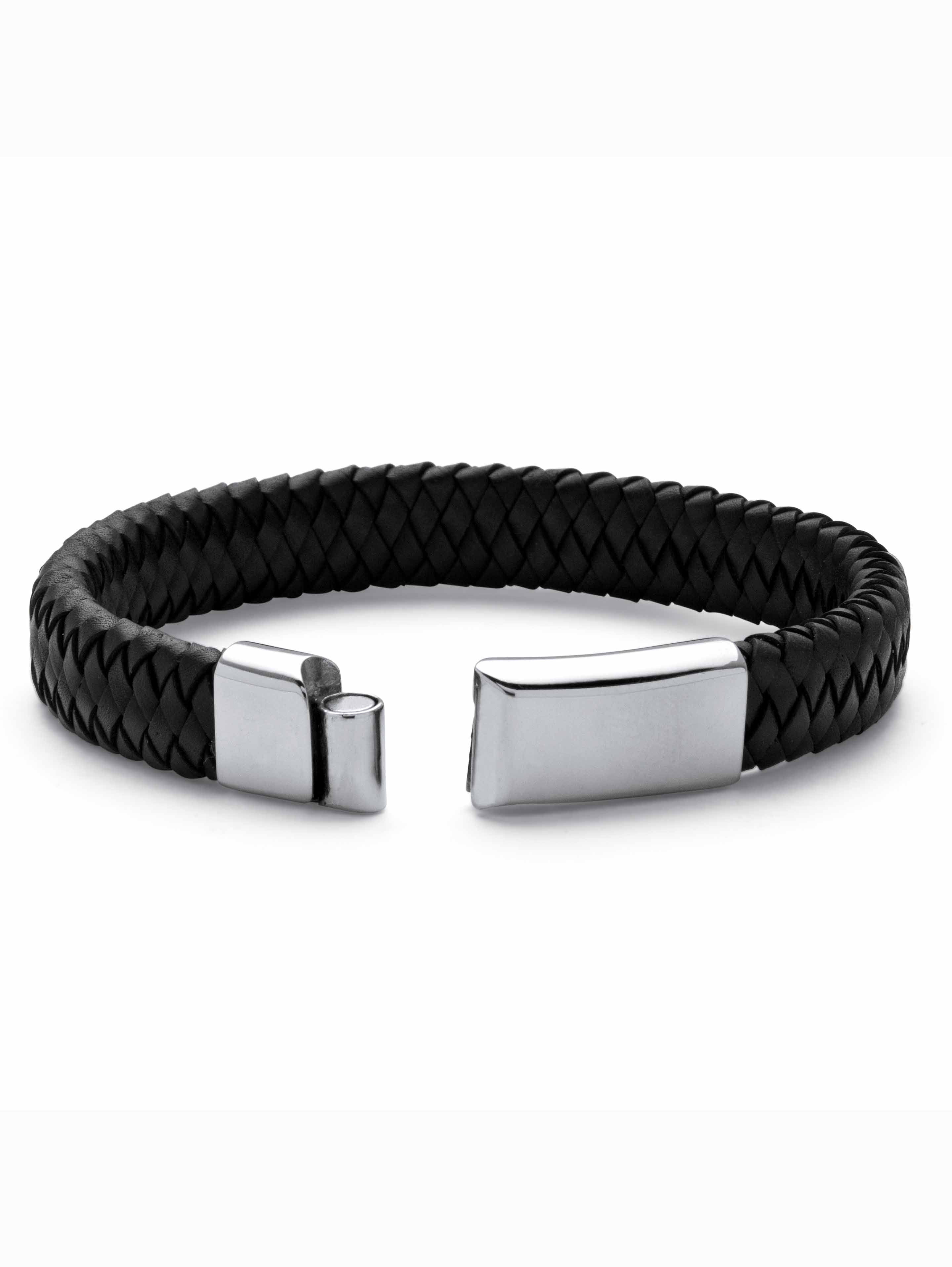 PalmBeach Jewelry Men's Black or Brown Woven Leather and Stainless Steel Bracelet with Magnetic Closure 9" or 10"