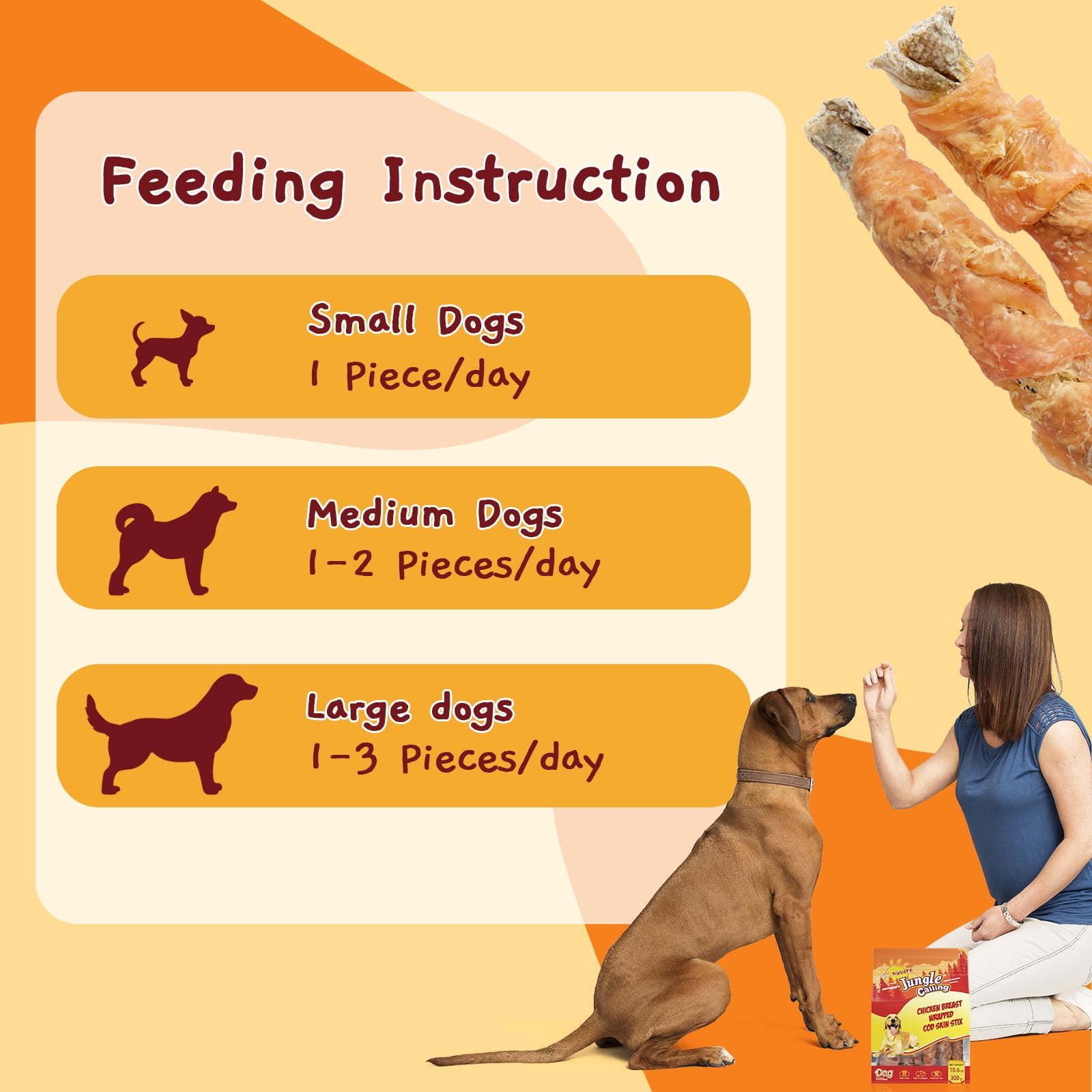 (4 pack) Jungle Calling Dog Treats, High Protein Dog Chewy Treats Healthy Teeth and Coat, Chicken Wrapped Cod Skin Sticks, Rawhide Free Cod Fish Skin Treats for Dogs, 10.6 oz