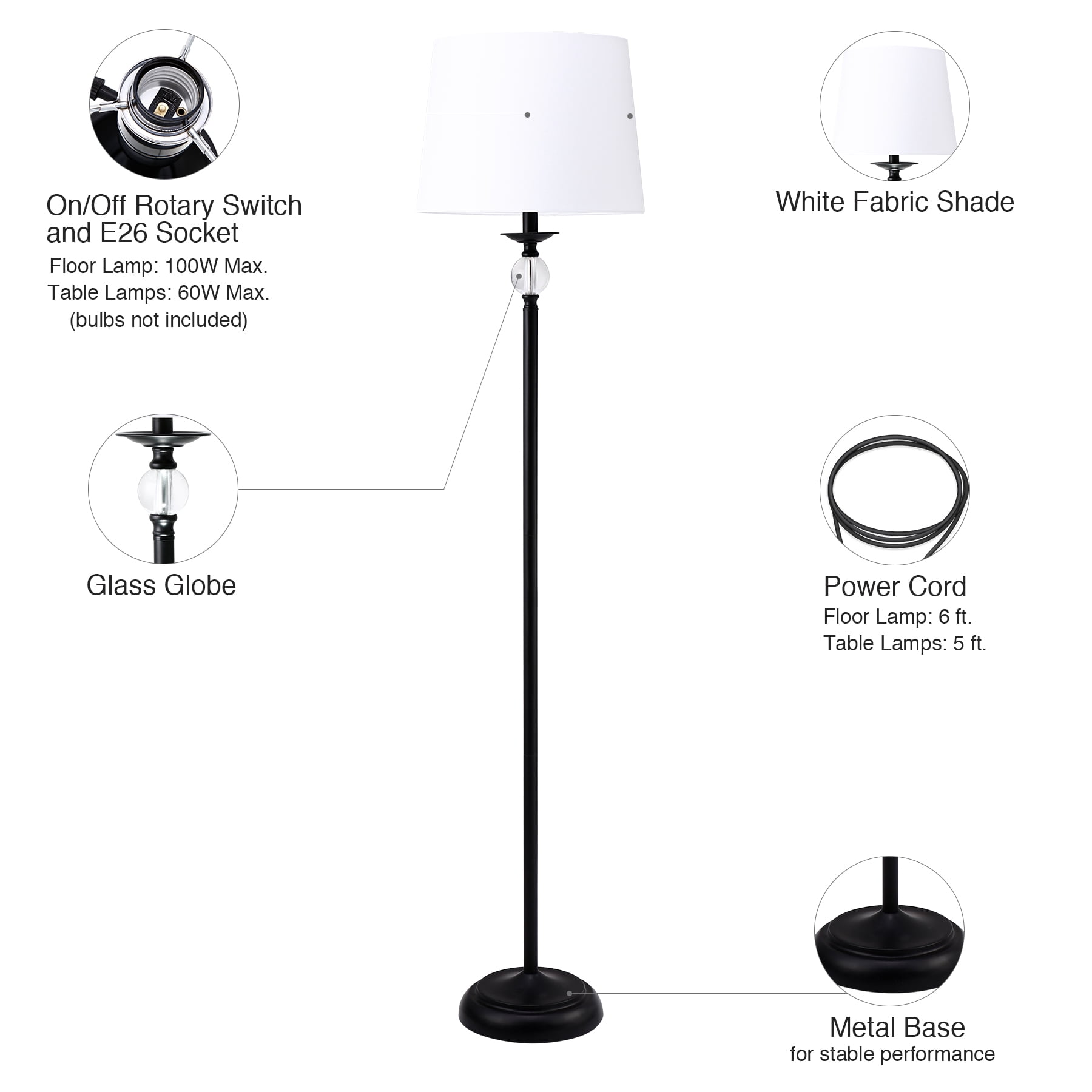 Wayshire Modern Floor Lamp and 2 Table Lamps, 100W 57 inch Standing Lamp and 60W 18 inch Desk Lamp Pair with Glass Bulbs for Bedroom Night Stand, TC Fabric Shade, Set of 3