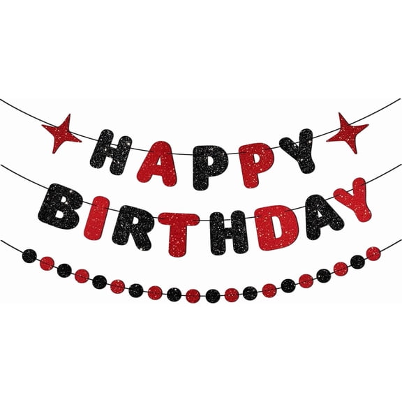 Red Black Glitter Happy Birthday Banner Garland - Milestone 25/30/40/50/60th Party Decor for All Ages
