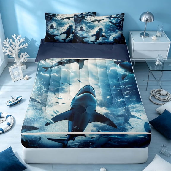 Erosebridal Cartoon Shark Zipper Twin Comforter Sets with Fitted Sheet and 2 Pillowcases, Coastal Animal Zipper Bedding Set, Navy Reversible