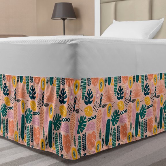 Hipster Bed Skirt, Tropical Leaves Illustration Monstera Coconut Palm Leaves Rainforest Foliage Doodle, Elastic Bedskirt Dust Ruffle Wrap Around for Bedding Decor, 4 Sizes, Multicolor, by Ambesonne