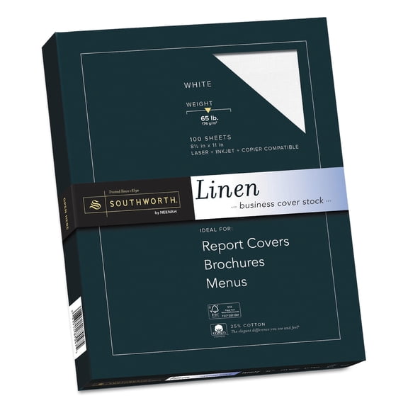 Southworth Card Stock, Linen, White, 8.5 x 11, 100 Sheets