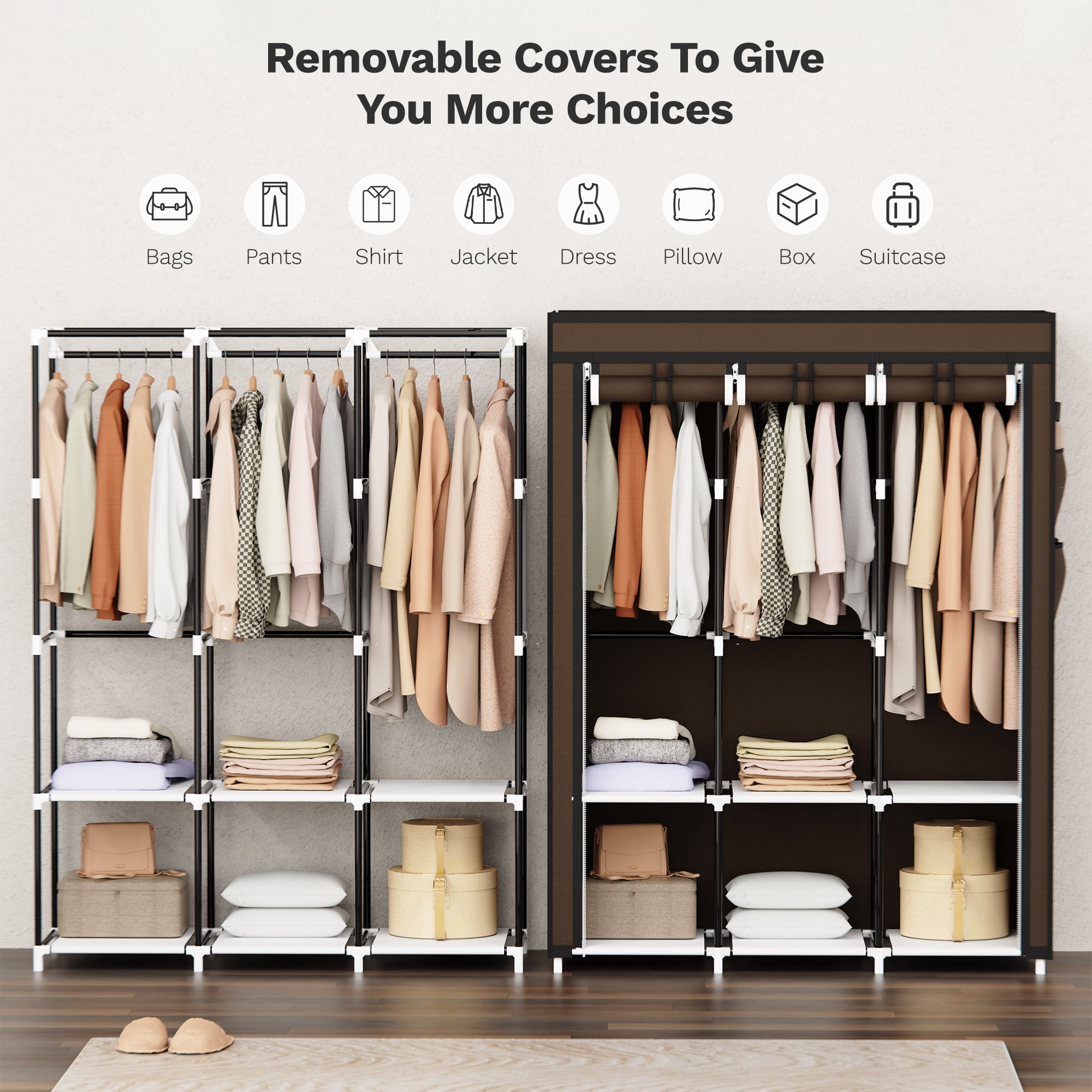 Riousery 51 Inch Portable Wardrobe Closet, 6 Storage Spaces with 3 Hanging Rods, Steel Frame Fabric Organizer, Easy Assembly and Dust Resistant Design, Brown