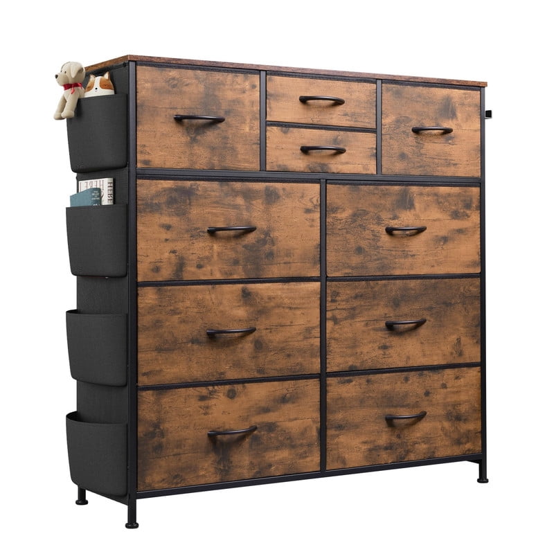Kelno 10 Drawer Fabric Dresser Storage Organizer with Side Pockets Sturdy Metal Frame Wood Top, Rustic Brown