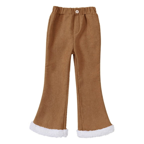 Tfken Trousers For Girls Children Flare-Leg Casual Solid Color Elastic Waist Warm Fleece Pants Khaki Size 2-3 Years