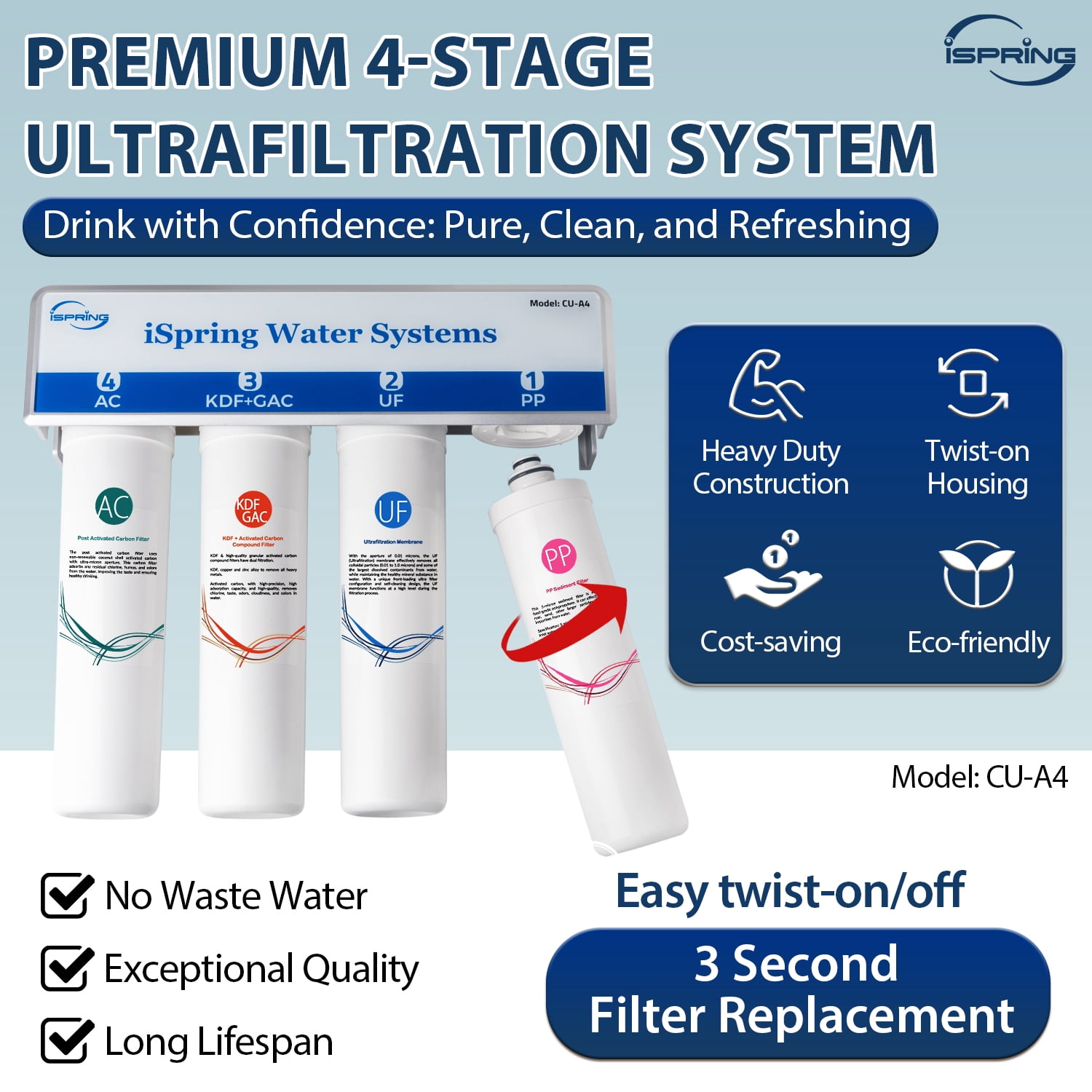 iSpring 4-Stage Under Sink Ultra-Filtration, 0.01 Micron, Removes 99.99% Contaminants,  Quick Filter Change with Brushed Nickel Faucet, White, Model: CU-A4
