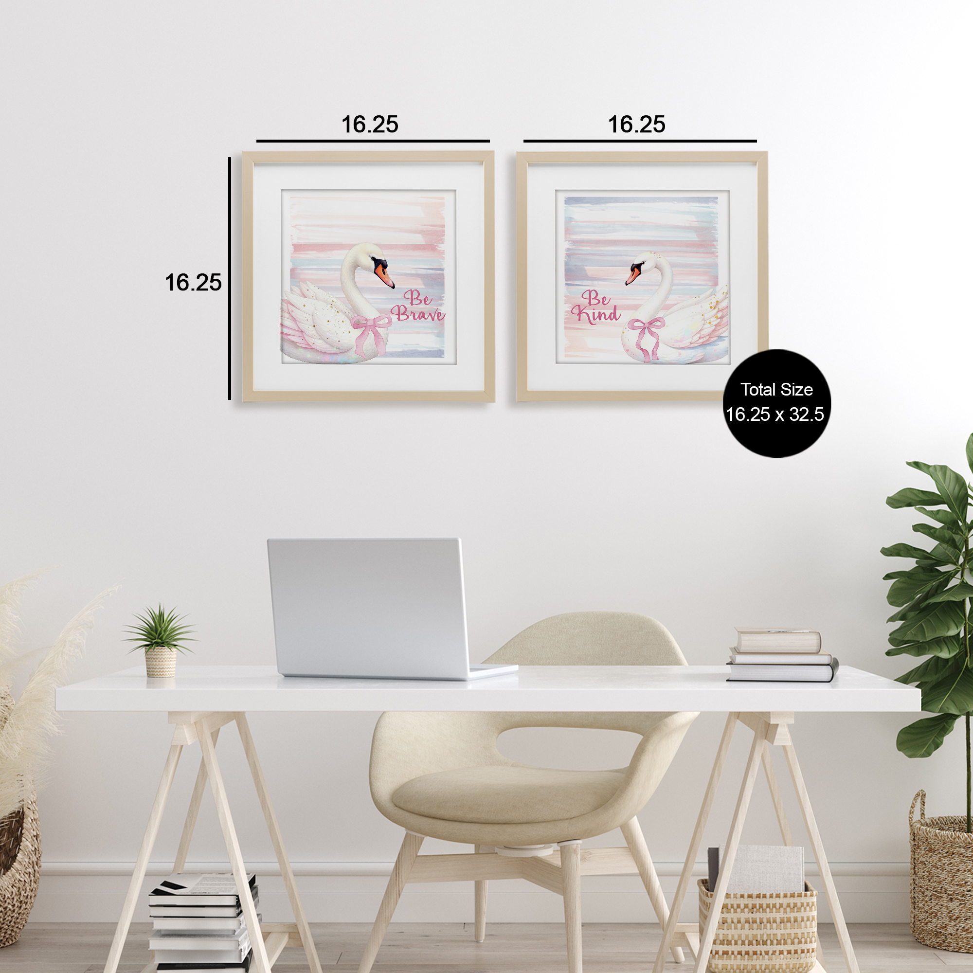 Be Brave & Kind Pastel Swan 2 Piece Birch Framed Print Under Glass Set, design by Kim Allen