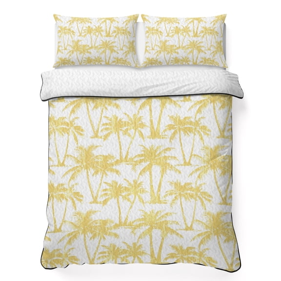 Quilts Queen Size Bedding Set, Yellow Palm Tree Lightweight Quilted Comforter, Summer Tropical Tree Coastal Beach Soft Reversible Bedspread Coverlet with Pillow Covers for All Season, 90" x 96"