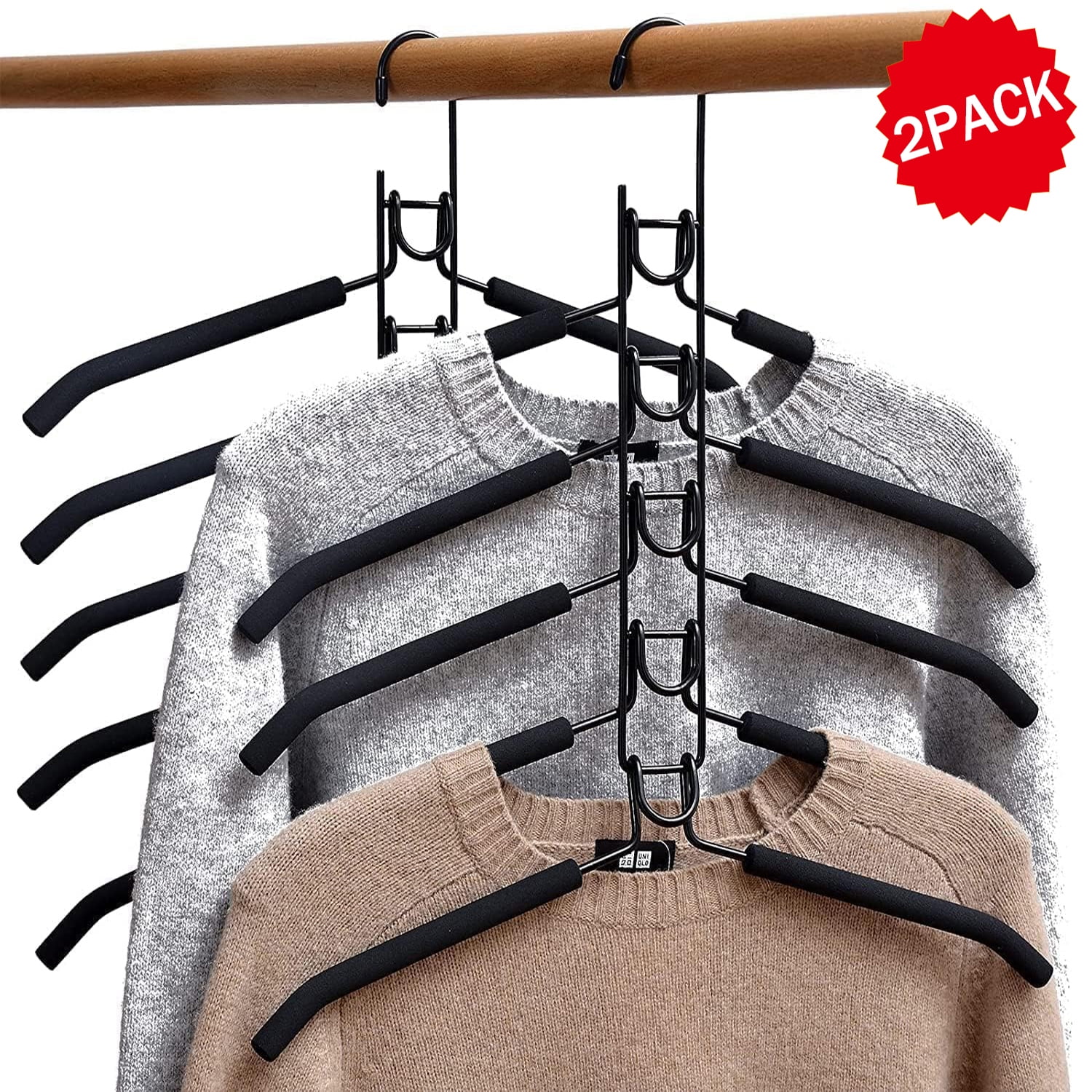2-Pack 5-in-1 Space Saving Clothes Hangers – Heavy Duty Metal Hanger with Detachable Arms, Non-Slip Foam for Shirts, Pants, Coats, Suits – Closet Organizer