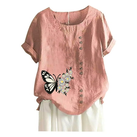 

Women s Summer O-Neck Short Sleeve Butterfly Printed Loose Shirt Tops Blouse