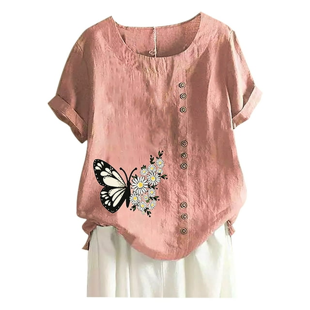 Heliisoer Chemise Ample d'Été pour Femmes à Col Rond et Manches Courtes avec Imprimé Papillon
