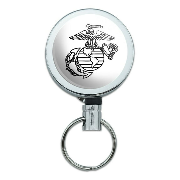 Marine Corps USMC Black White Eagle Globe Anchor Logo Officially Licensed Heavy Duty Metal Retractable Reel ID Badge Key Card Tag Holder with Belt Clip