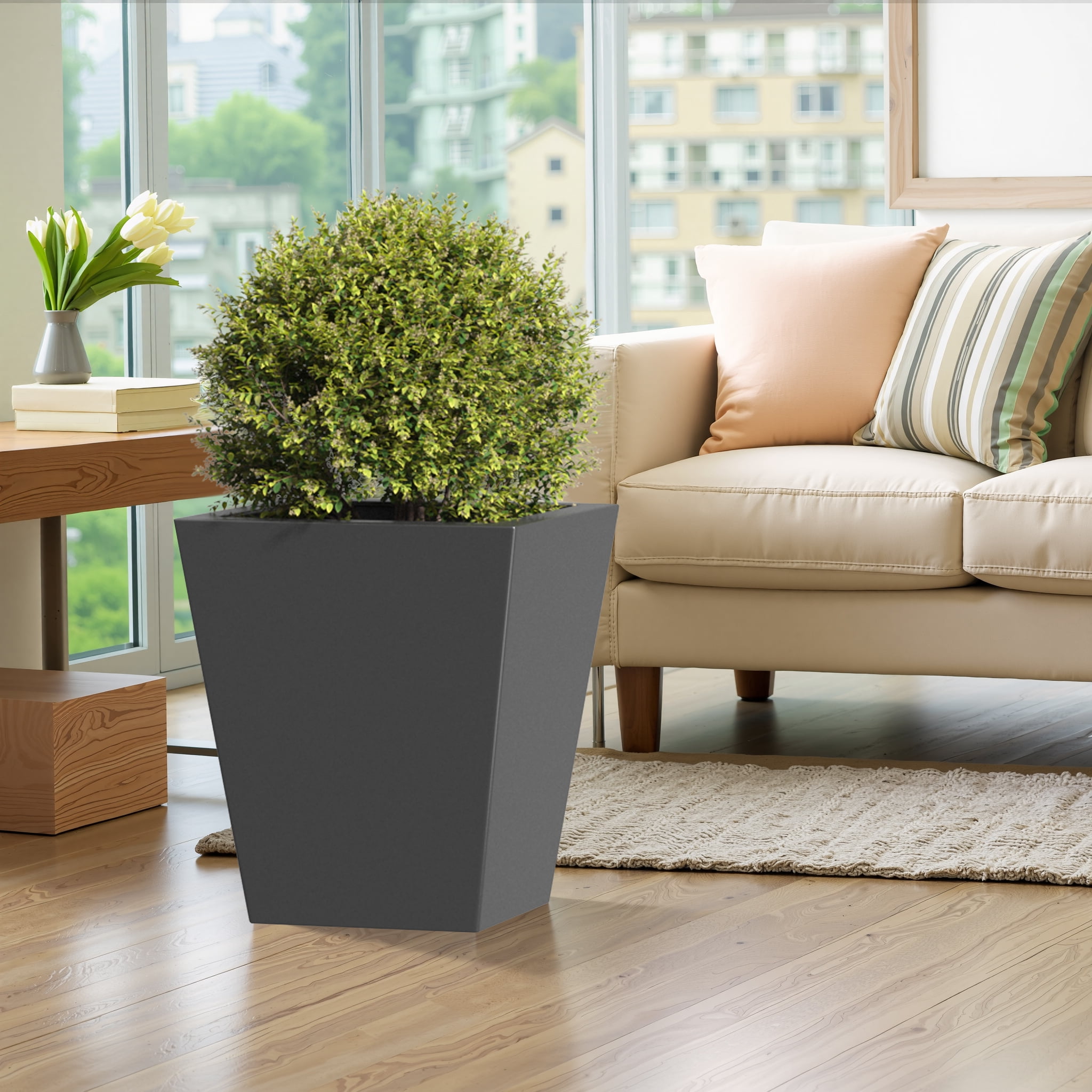 MAYEERTY 18"H Metal Tapered Planter: Large Garden Pot with Drainage Hole & Rubber Plug for Patio, Black