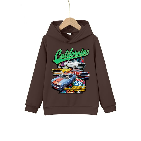 Mikrdoo "California" Print Hooded Sweatshirt Letter & Sports Car Graphic Casual Long Sleeve Tops For 5-14y Boys' Spring And Autumn