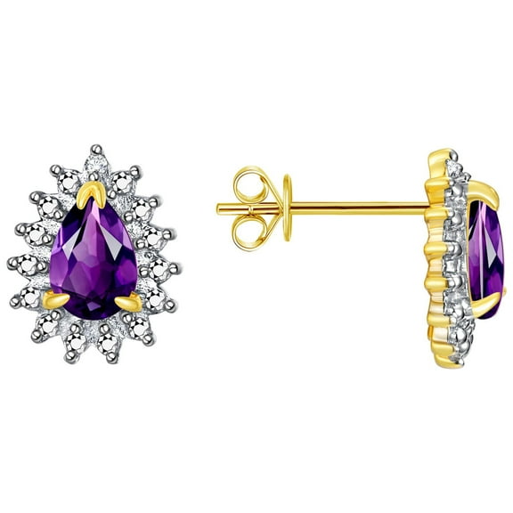 Rylos  Yellow Gold Plated Silver Halo Stud Earrings - 6X4MM Pear Shape Amethyst & Sparkling Diamonds -  Exquisite Birthstone Jewelry