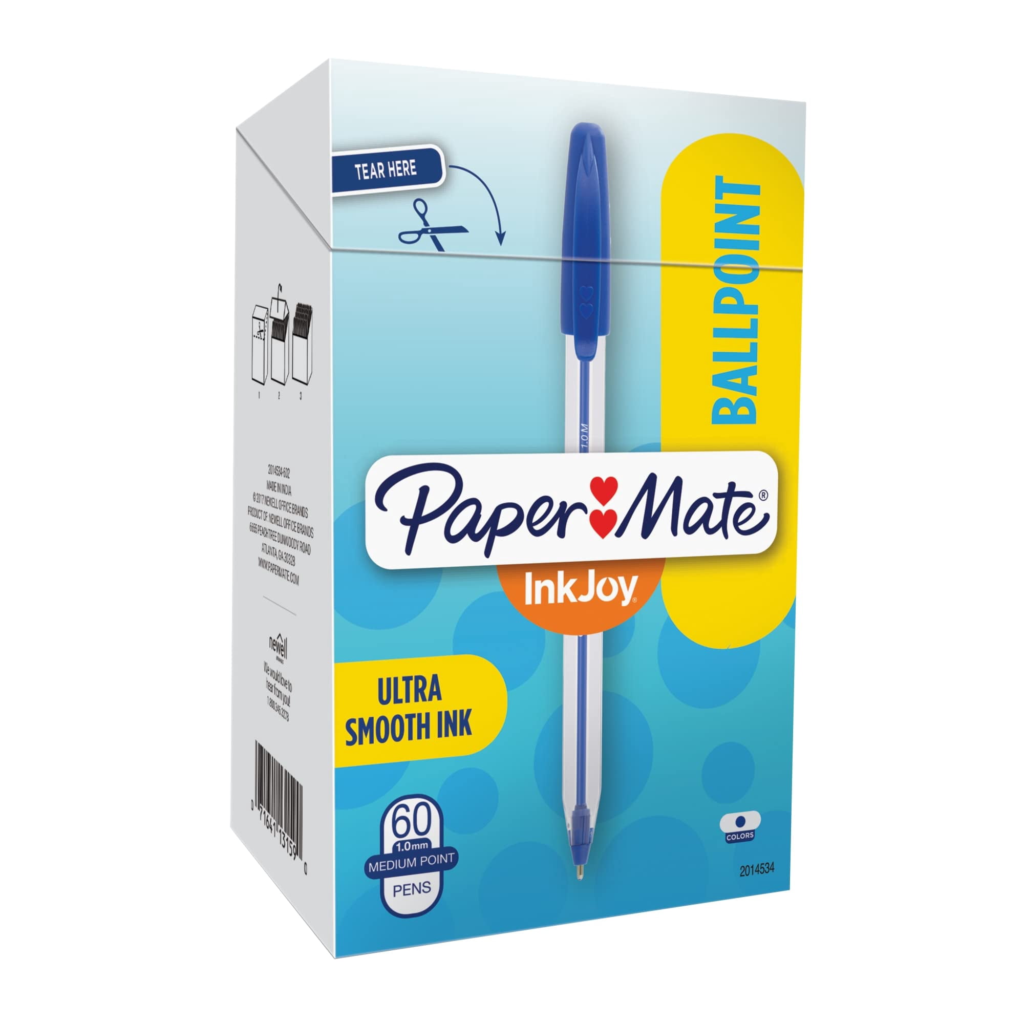 (2 pack) Paper Mate® InkJoy 50ST Stick Ballpoint Pens, Medium Point, 1.0 mm, Clear Barrels, Blue Ink, Box of 60