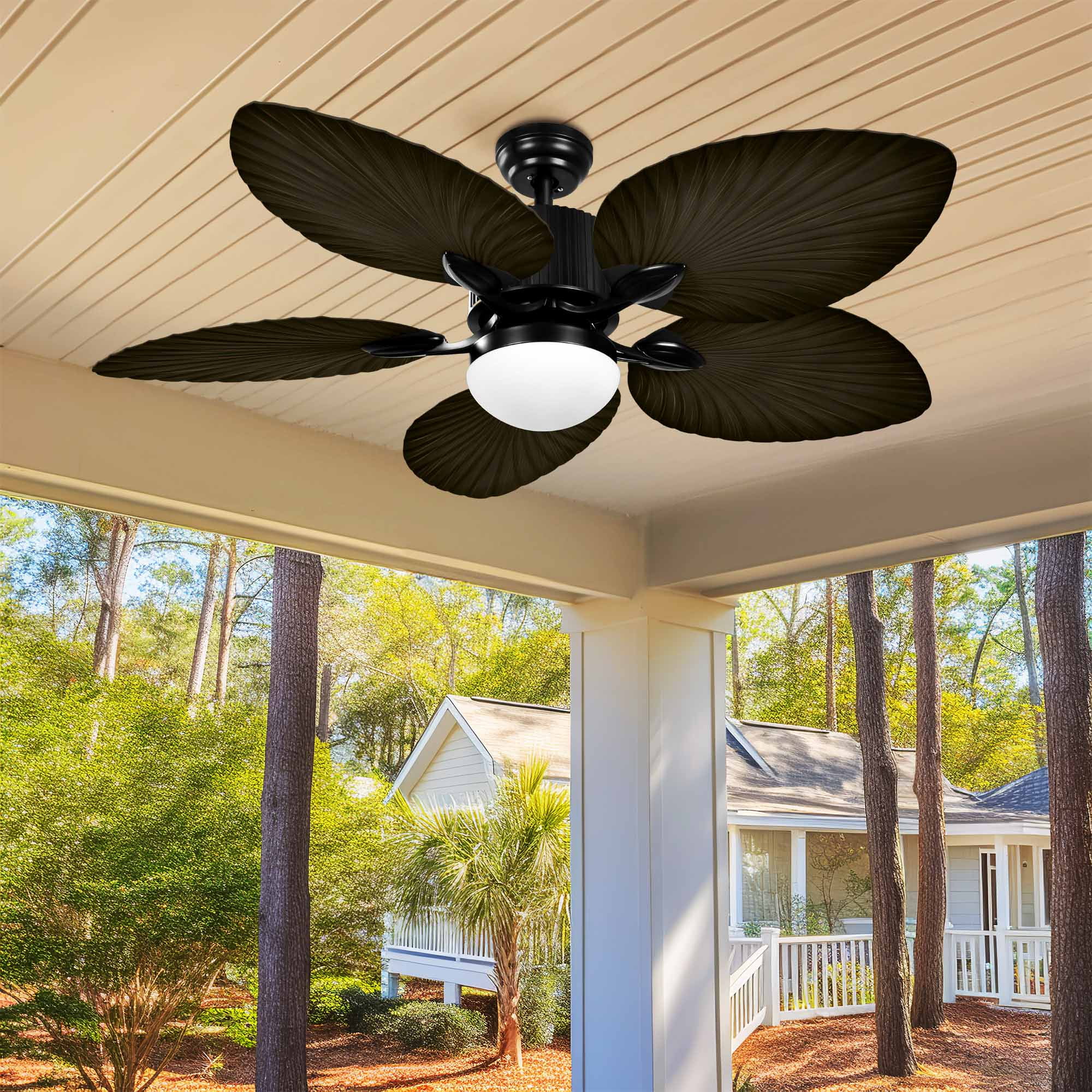Uforic 52" Tropical Black Ceiling Fan with Light and Remote,5 Palm Leaf Blades Energy-efficient ceiling fan