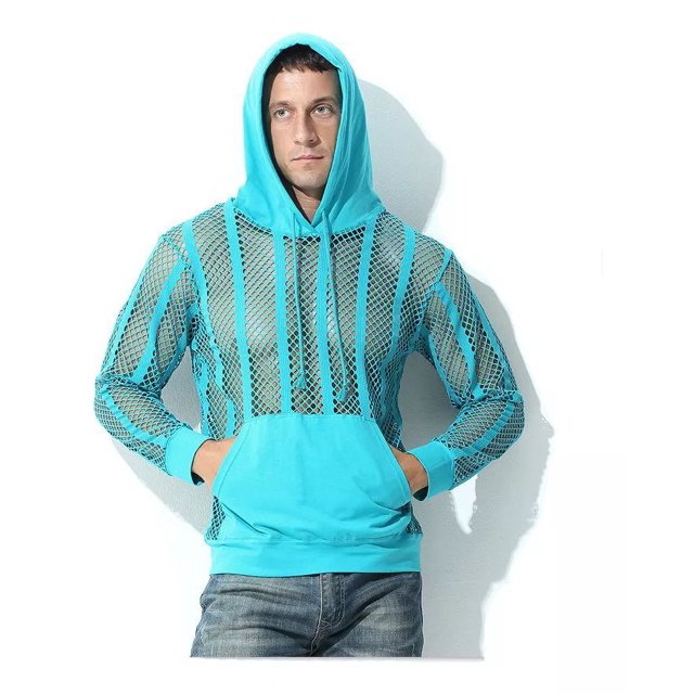 playera hombre transpirable camisas sudadera de gimnasio Verde, vista frontal centrada de sudadera con capucha en malla calada sobre torso masculino. Silueta ajustada con bolsillo canguro, cordones en la capucha y puños lisos; malla abierta que deja ver la camiseta interior, fondo blanco. Adecuada también como prenda casual para entrenamientos ligeros o salidas urbanas.