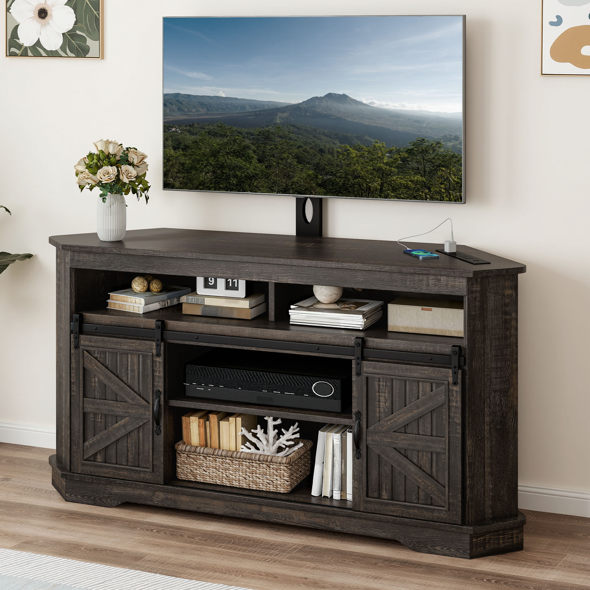 Craftian TV Stand for 70" TV with Mount, Farmhouse Entertainment Center with Power Outlets & Sliding Barn Doors, Dark Rustic Oak