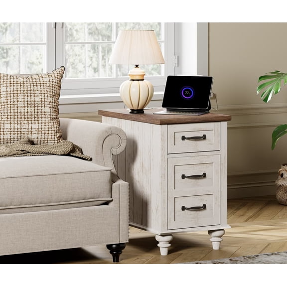 Antique White End Table with Drawer & Cabinet, Wooden Side Table Nightstand with Charging Station for Living Room & Bedroom