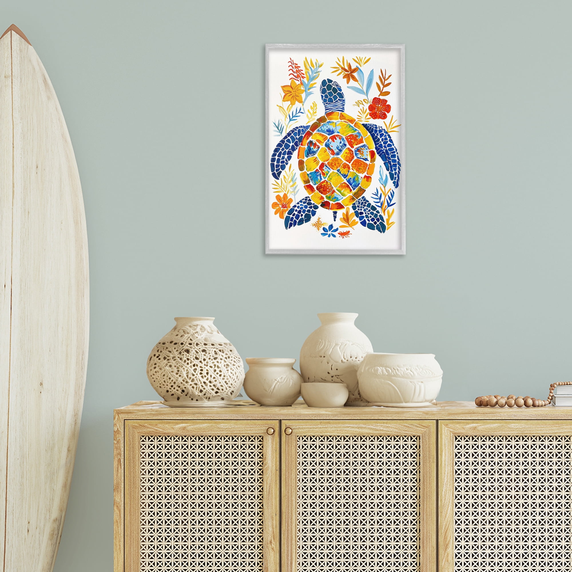 Stupell Industries Nautical Patterned Turtle Coastal Painting Gray Framed Art Print Wall Art, 16 x 24