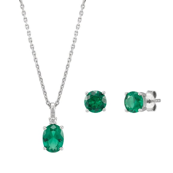 Brilliance Fine Jewelry Simulated Emerald and White Cubic Zircoina Pendant Necklace and Studs Set in Sterling Silver