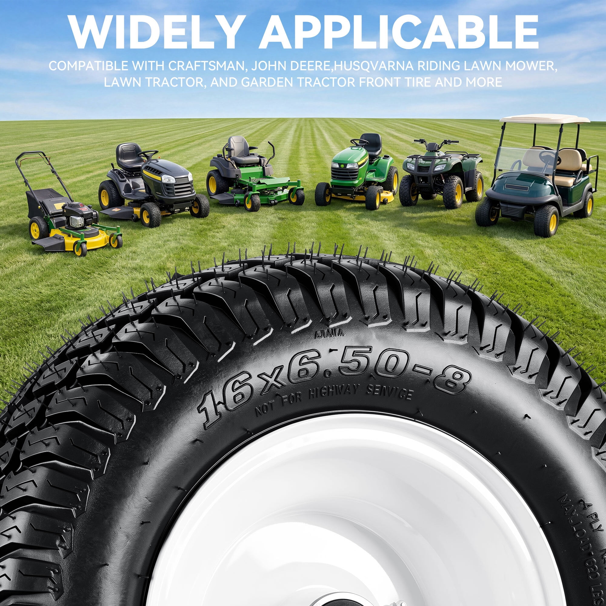 Uforic 16x6.50-8 Lawn Mower Tire and Wheel Assemblies, 4-Ply Pneumatic Front Replacement Tires, 3 in Centered Hub, 3/4 in Bushings, Fits Lawn Tractors, Garden Vehicles, 620 lb Capacity, 2-Pack
