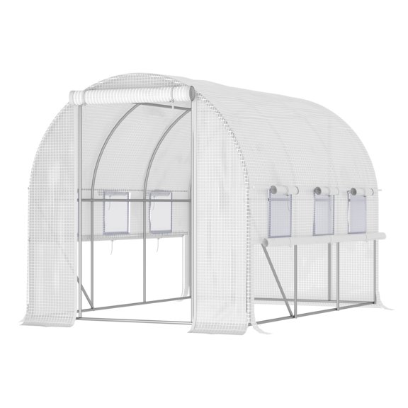 Walk-in Greenhouse 10'x7'x7', Outdoor Garden Greenhouse with PE Cover, Zipper Doors & Mesh Windows - White