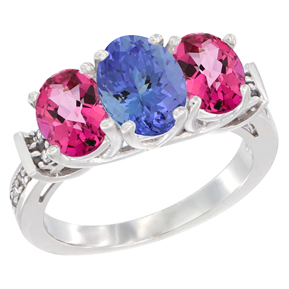 14K White Gold Natural Tanzanite & Pink Topaz Sides Ring 3-Stone Oval Diamond Accent, size 6 by Gabriella Gold