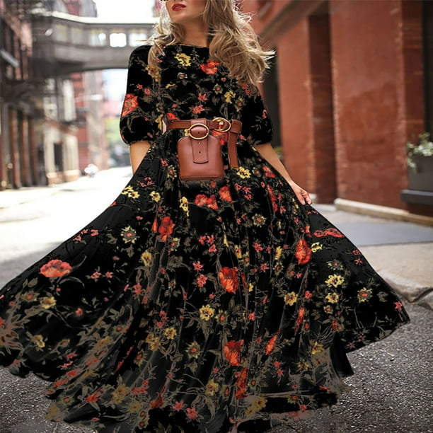 WILLBEST Vestidos Casuales para Mujer Cortos Vestido Maxi Floral de Gasa para Mujer Verano Primavera Otoño Vestido Largo con Falda Acampanada Traje Casual Ajustado Extra Grande
