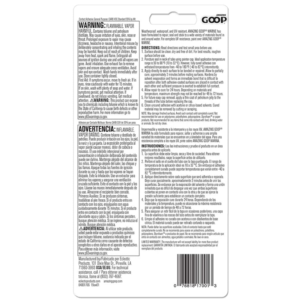 Amazing Goop Marine Glue Adhesive Sealant Repair Waterproof Bond 3.7 oz Clear, 2-Pack