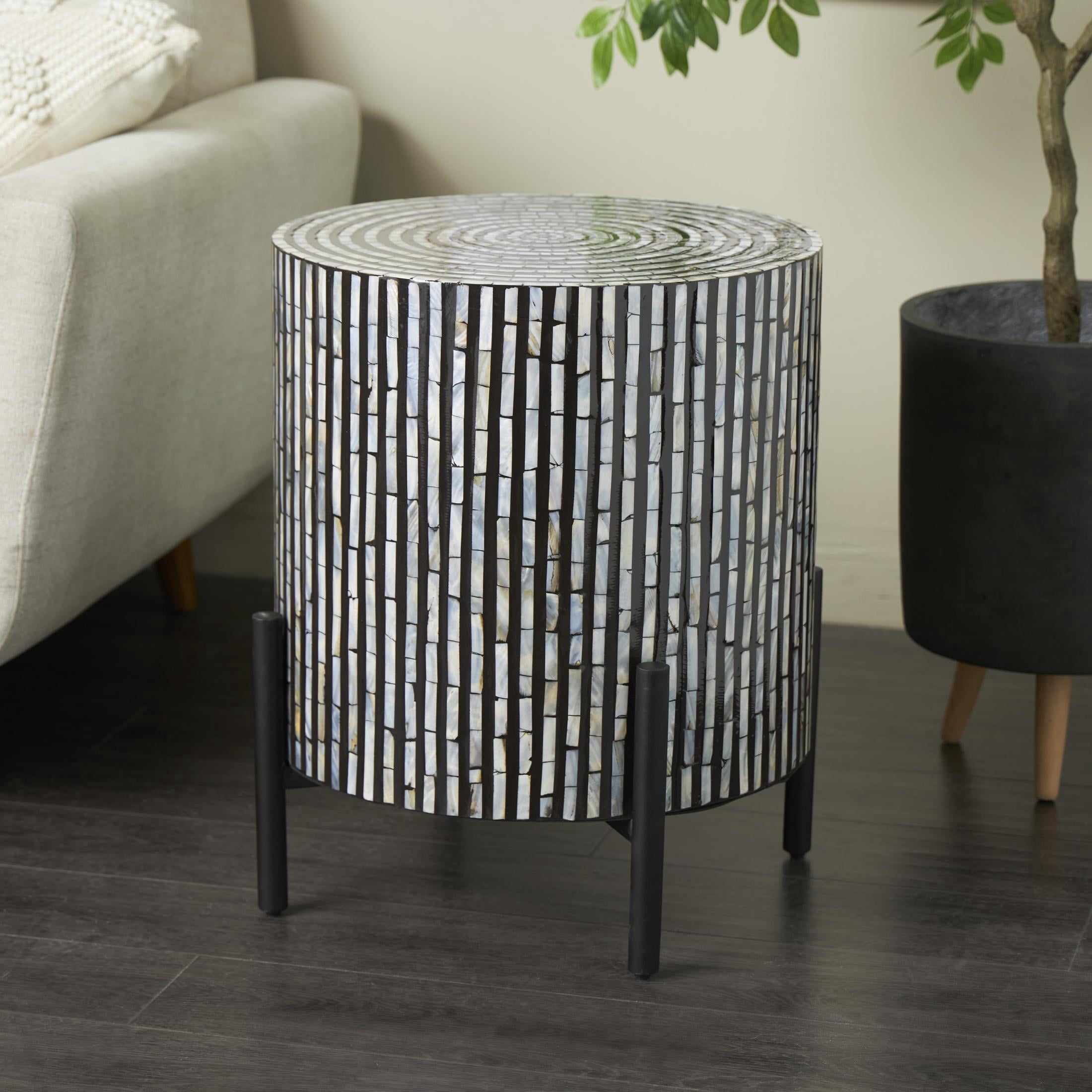 DecMode 18" x 22" Multi Colored Mother of Pearl Shell Handmade Mosaic Inlay Geometric Accent Table with Black Metal Legs, 1-Piece