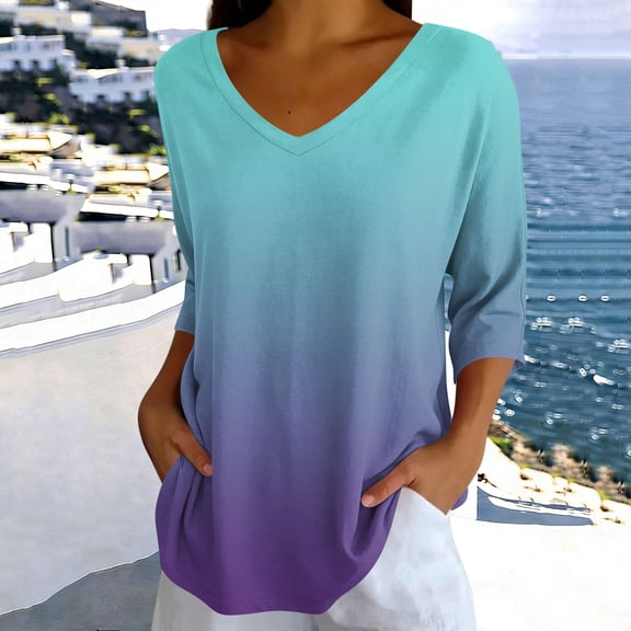 thefmos Women's 3/4 Sleeve Gradient Pullover Tops Summer V Neck Flowy Casual Blouses Loose Fit Cute Trendy Tshirt Basic Work Clothes, Light Blue S