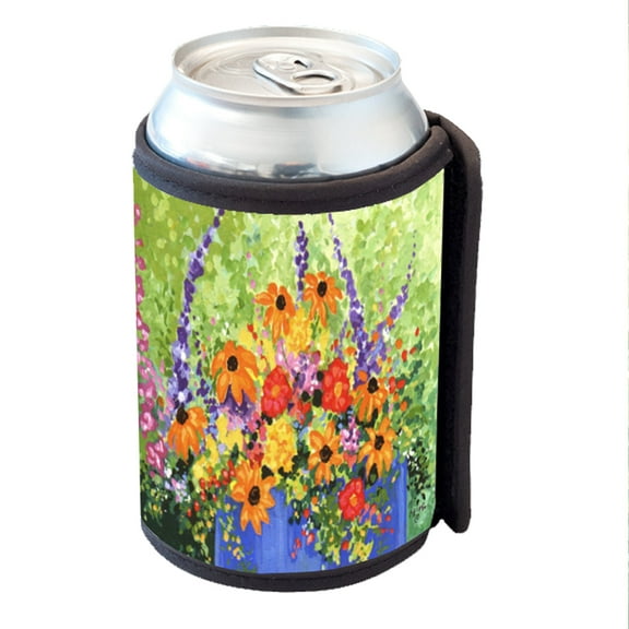 KuzmarK Insulated Drink Can Cooler Hugger - Summer Flowers in Blue Pot Art by Denise Every
