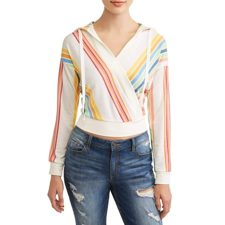 - Juniors' Mixed Stripe V-Neck Long Sleeve Pullover Hoodie