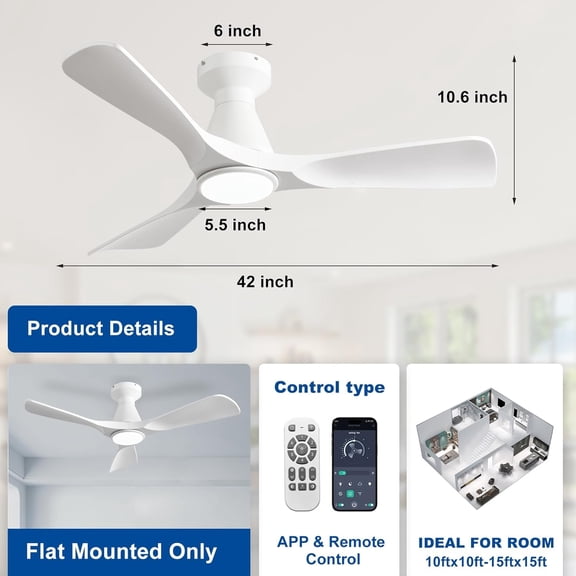 Ceiling Fans with Lights and APP: Flush Mount Low  Ceiling Fan for Bedroom - Dimmable Remote Control White Timer