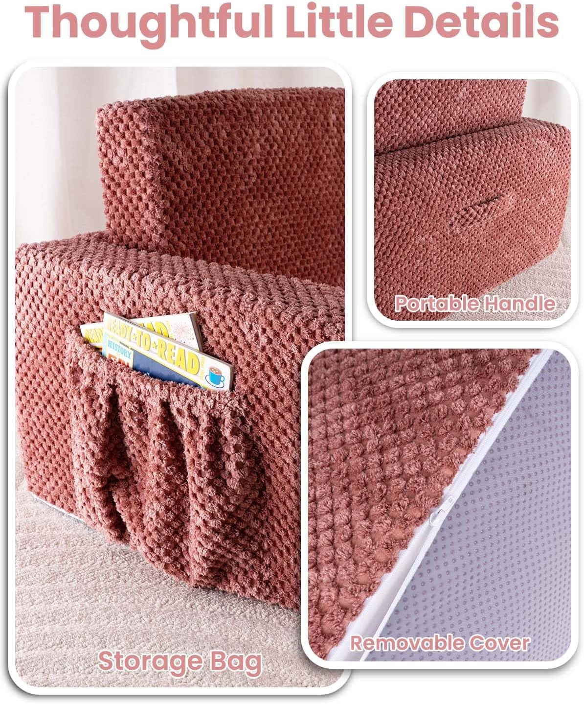 Beavtaens Foldable Toddler Couch with Soft Sherpa Cover, 2-in-1 Comfy Toddler Sofa & Lounger for 1-3 Years Old Girls Boys, Kids Chair with Pockets & Handle for Reading, Playroom, Pink