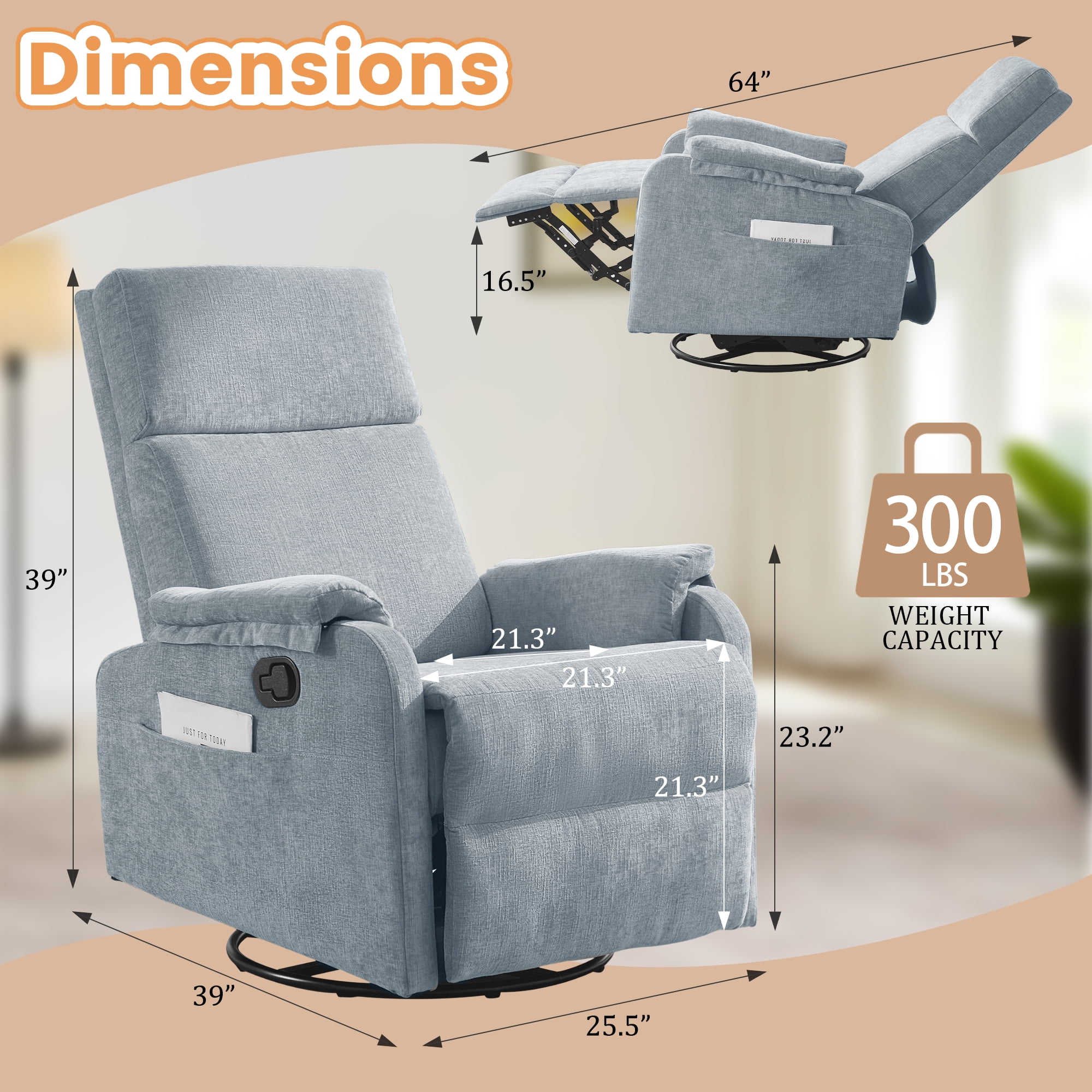 Korser Swivel Rocker Recliner Chair for Small Spaces Chenille for Living Room,Blue