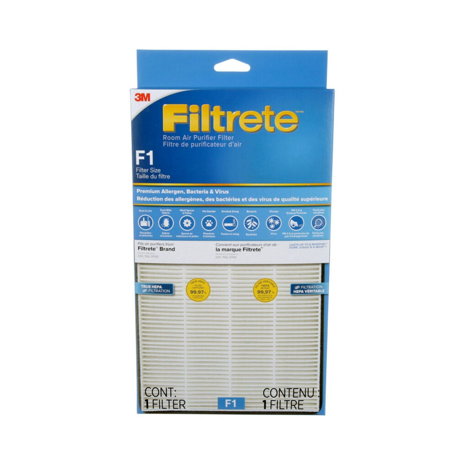 Filtre HEPA véritable Filtrete(MC) avec protection de qualité supérieure contre les allergènes, les bactéries et les virus, FAPF-CA-F1-PBV, V, F1, 1/paquet