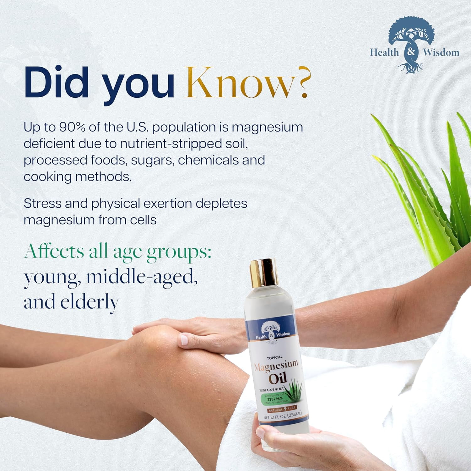 Health and Wisdom Pure Magnesium Oil with Aloe Vera - Topical Muscle and Joint Relief- Natural and Pure USP Grade Extra Strength Magnesium - Enhanced Absorption - 12 fl oz
