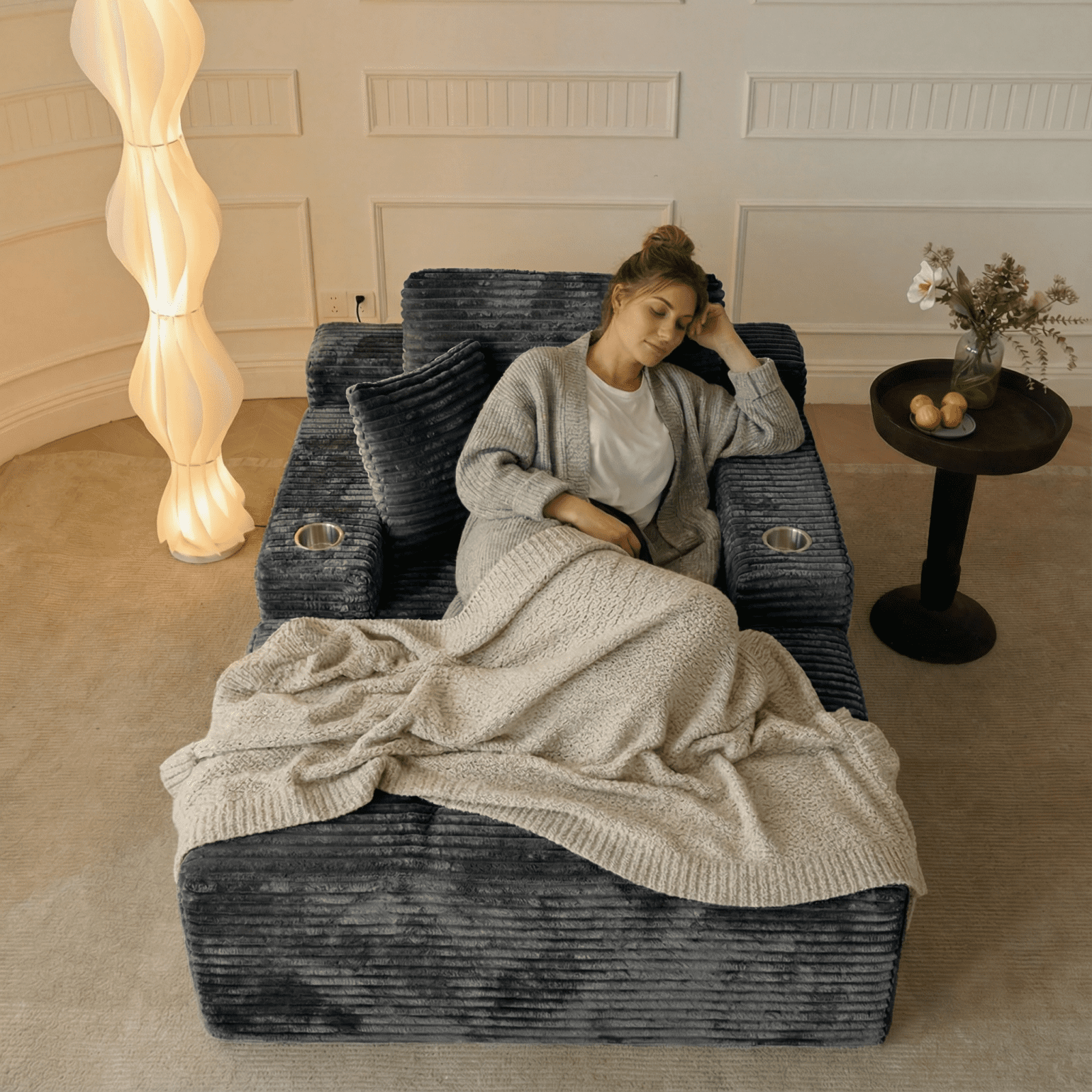 Liaroo 67" Chaise Lounge Chair Indoor, Oversized Boneless Sofa Bed, Deep Seat Sleeper Couch Reading Chairs, Cloud Sofas Couches with Cup Holder & Side Pocket for Living Room, No Assembly Required
