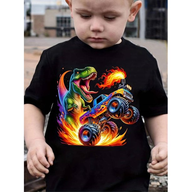 1pc Boys' Casual Short Sleeve T-Shirt with 3D Printed Cool Monster Truck Design, Knitted Polyester Fabric, Round Neck, Regular Fit, Summer Top for Kids