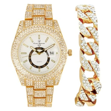 Charles Raymond Minimalist Designer Iced Out Watch with Date Window on dial A Hip Hop Clone Conspiracy Timepiece to Become a King of Bling - ST10328A (ST10328A Gld-White-CB)