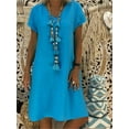 thumbnail image 2 of JUNWELL Mode Boho Robes en Coton et Lin Femmes Été 2024 Col en V Manches Courtes Midi Décontractée Ample Robe Femme Robe de Rue Vestidos, 2 of 7