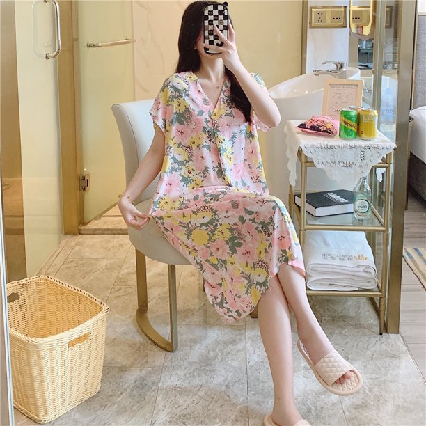 Camisón de seda de algodón para mujer, pijama de verano de manga corta con estampado de dibujos animados, estilo de talla grande, suelto, de seda de algodón, ropa de casa fina