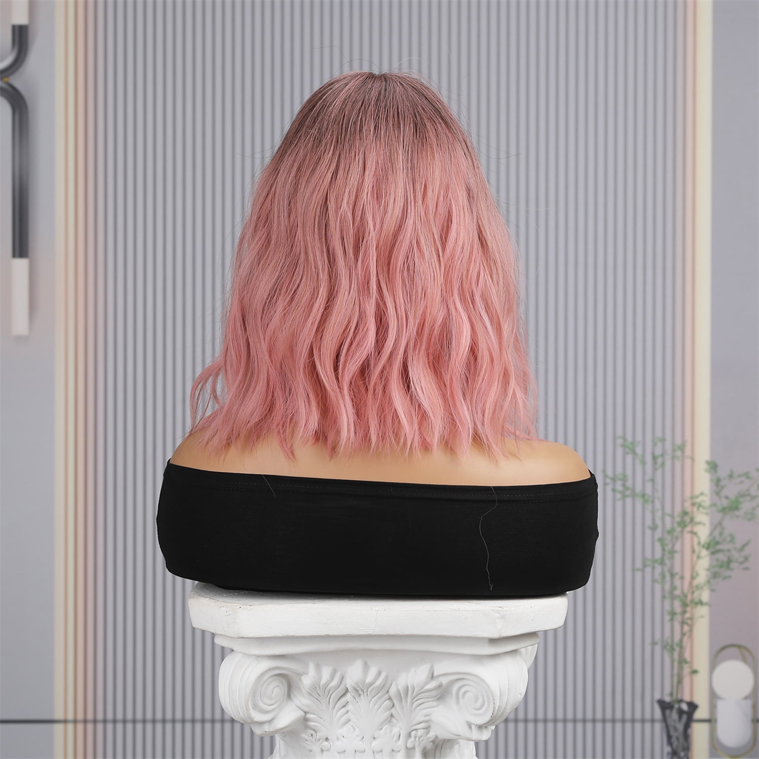 BERON Ombre Pink Short Curly Bob Wig for Women with Bangs Heat Resistant Synthetic Hair Wigs for Daily Use
