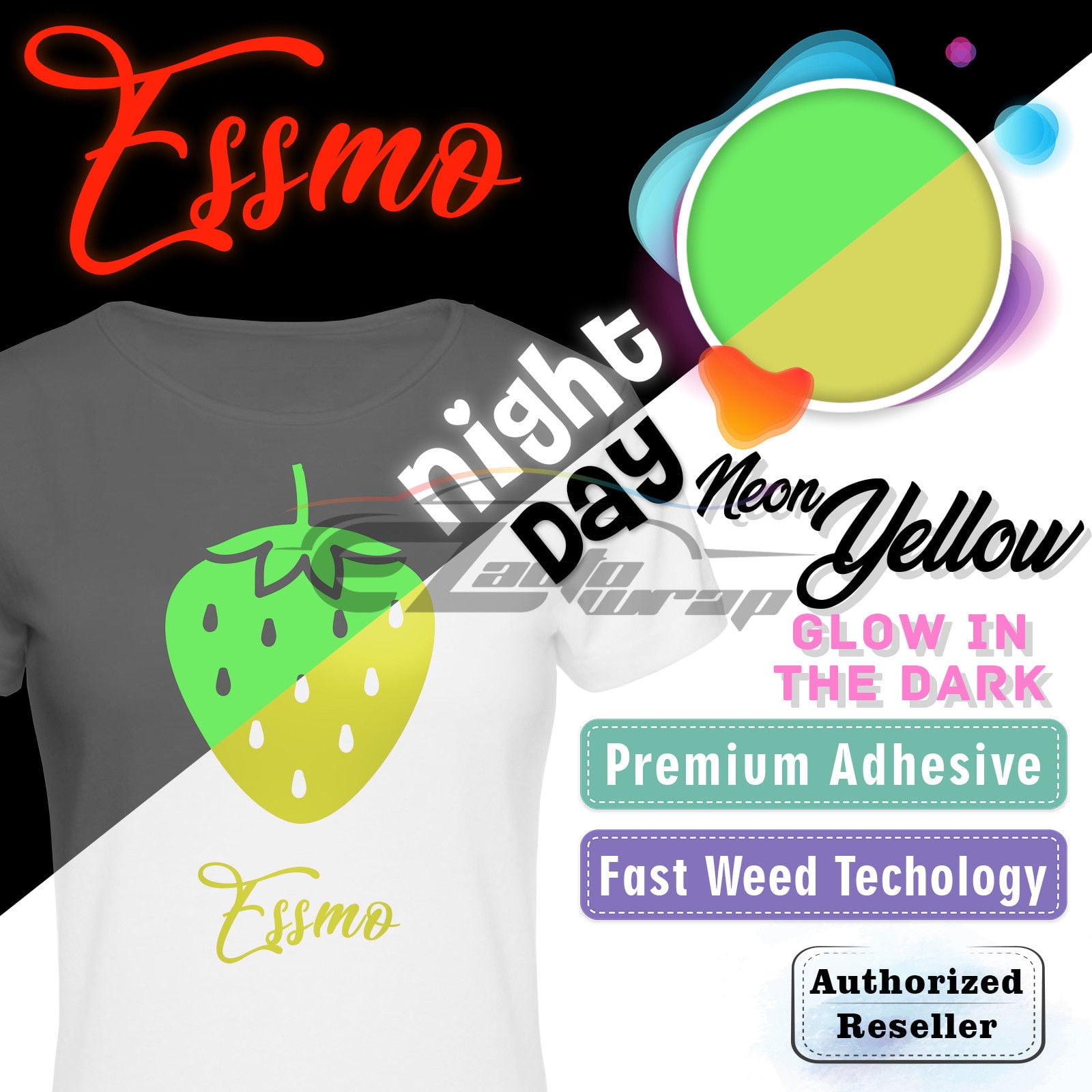 ESSMO™ Glow in The Dark Neon Yellow Transfer Vinyl HTV T-Shirt 20" Wide Roll Iron Heat Press GD02 20"x96"