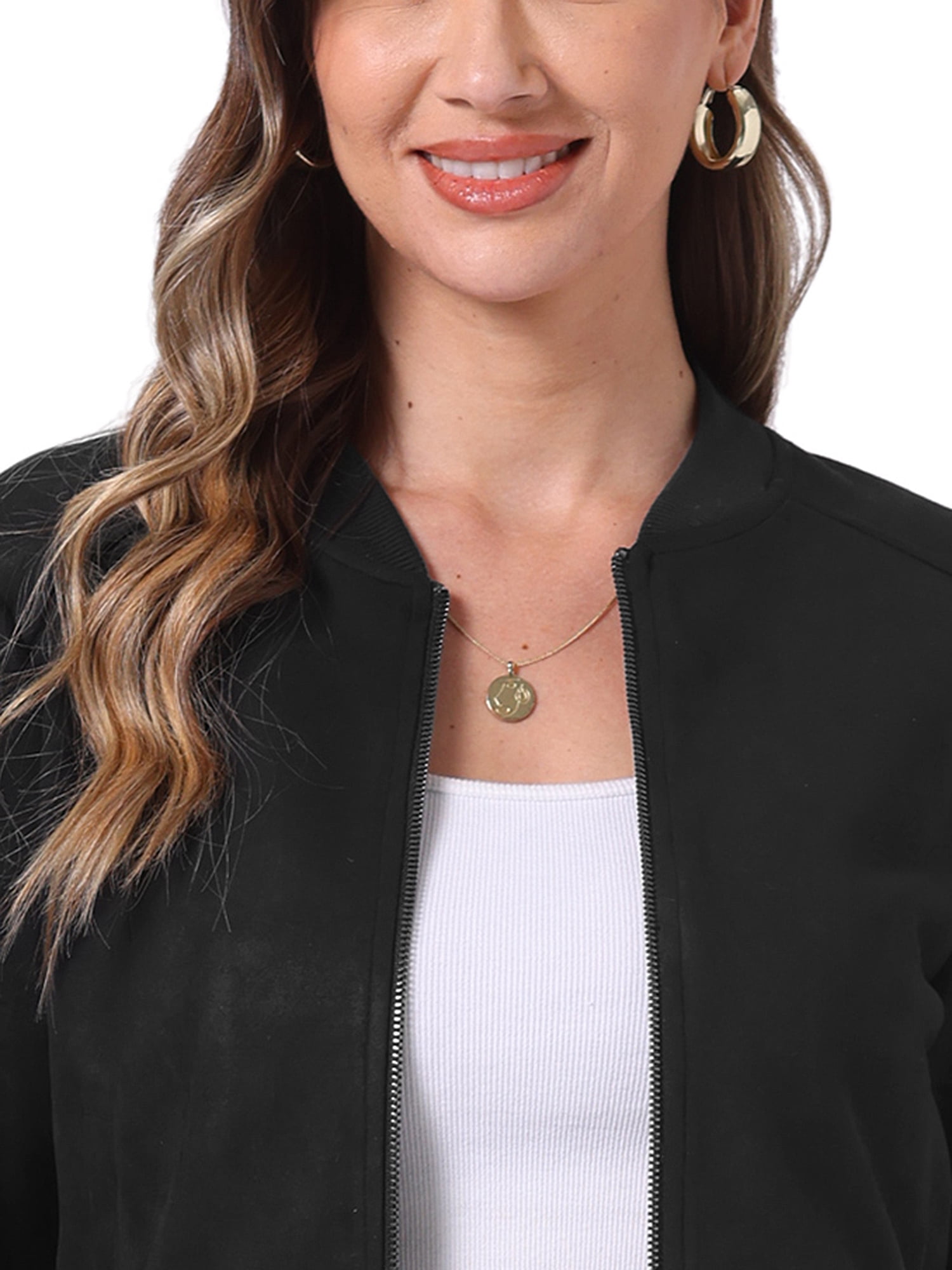 DARING DIVA Stand Collar Zip Up Biker Moto Bomber Jackets L Black