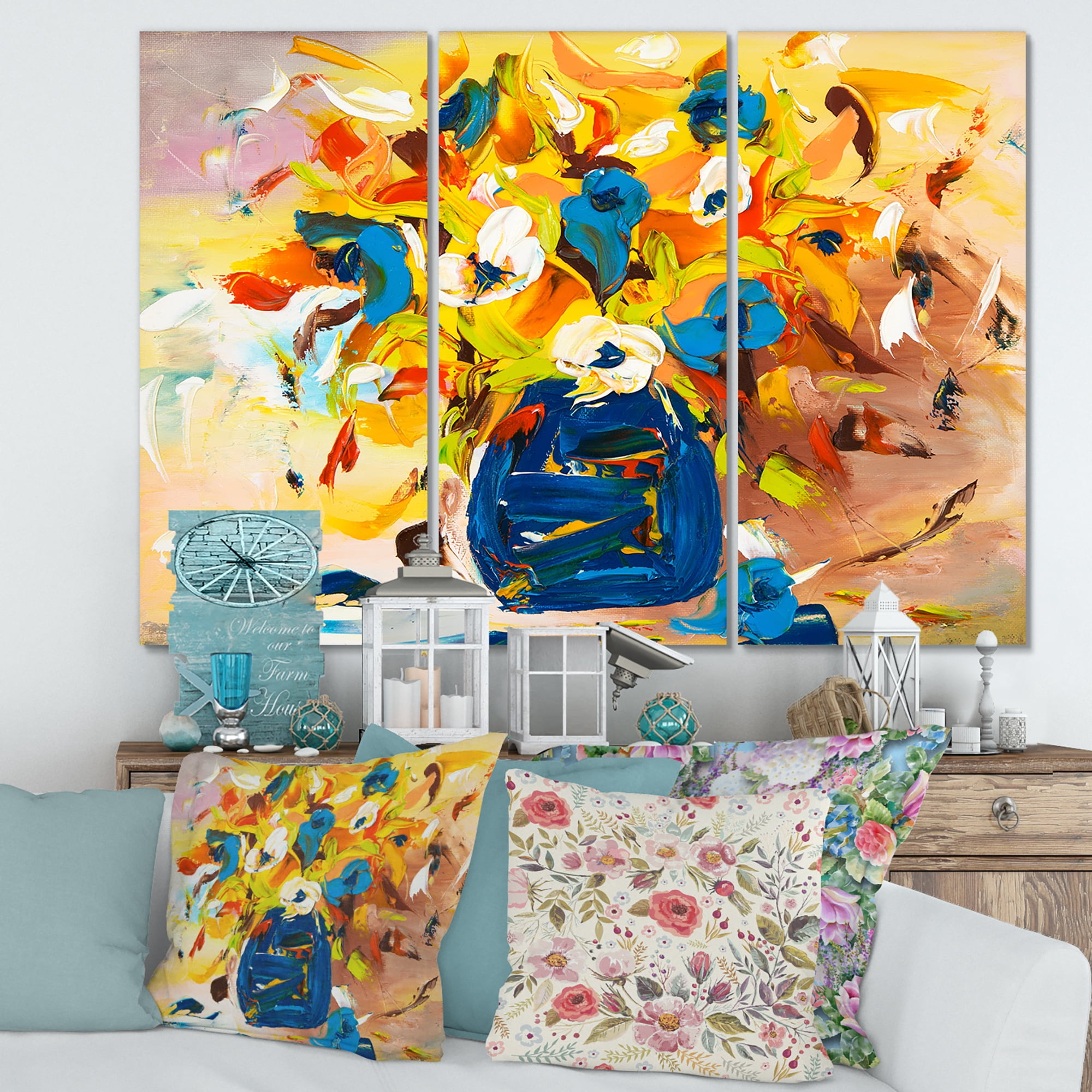 Designart ' A VIbrant Flower Bouquet In Blue and Yellow ' Traditional Canvas Wall Art Print